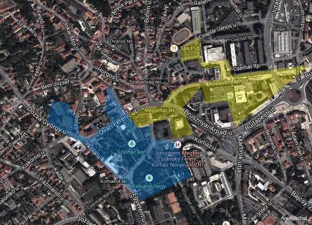 Sárgával jelöltik a belvárosi rehabilitáció területét, kékkel a kulturális negyedet