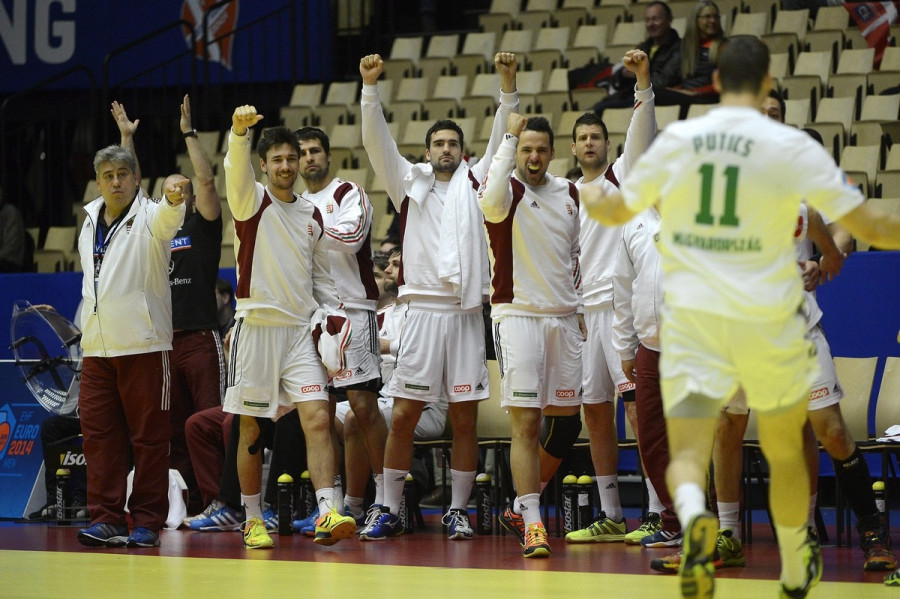 Mocsai Lajos szövetségi kapitány, valamint Lékai Máté, Mocsai Tamás, Nagy Kornél, Szöllősi Szabolcs, és Szalafai Gábor (b-j) örül Putics Barna góljának a Dániában zajló férfi kézilabda Európa-bajnokság középdöntőjének első fordulójában játszott Macedónia - Magyarország mérkőzésen, a herningi Boxenben, 2014. január 18-án. A meccset a magyar válogatott 31-25-re megnyerte. MTI Fotó: Kovács Tamás