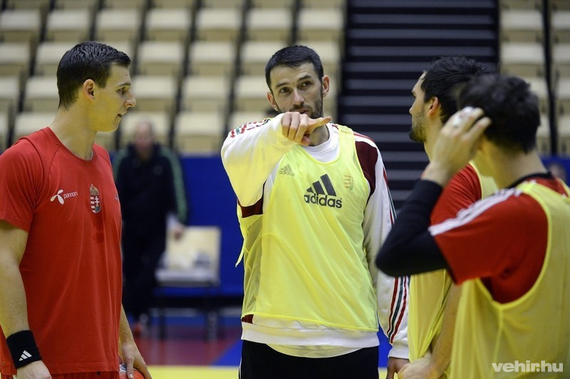 Putics Barna, Ilyés Ferenc, Nagy Kornél és Iváncsik Gergő (b-j) a férfi kézilabda Európa-bajnokságon résztvevő magyar válogatott edzésén Dániában, a herningi Boxenben arénában 2014. január 21-én. A magyar csapat január 22-én Ausztria ellen lép pályára. MTI Fotó: Kovács Tamás