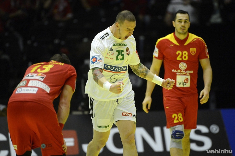 Zubai Szabolcs örül egy gólnak a Dániában zajló férfi kézilabda Európa-bajnokság középdöntőjének első fordulójában játszott Macedónia - Magyarország mérkőzésen, a herningi Boxenben, 2014. január 18-án. A meccset a magyar válogatott 31-25-re megnyerte. MTI Fotó: Kovács Tamás 