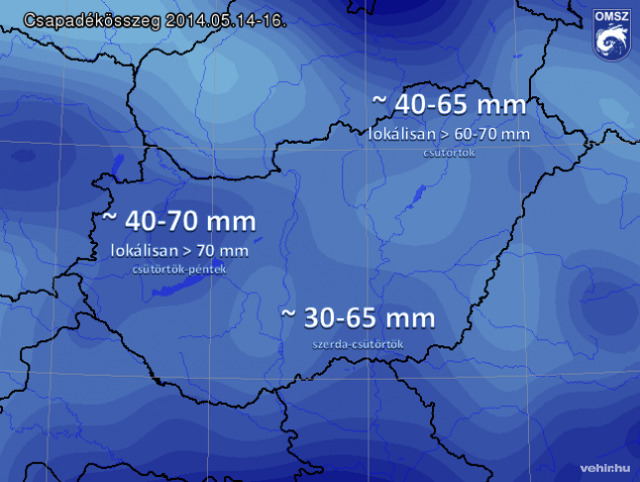 A csapadék becsült területi eloszlása a keddi számítások alapján / met.hu