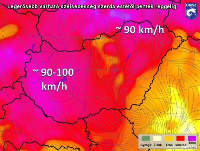 Jellemző szélirány és az időszakban várható maximális széllökések szerdától péntekig;  csütörtökön várható legerősebb szél / met.hu