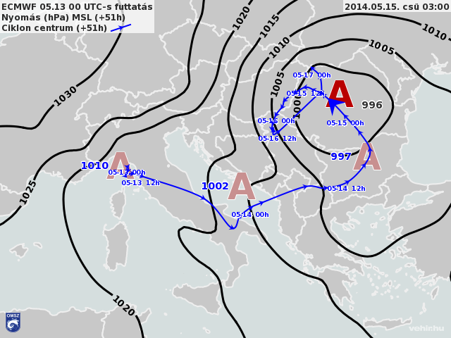 A kép a csütörtök reggeli nyomásmezőt és a ciklon centrumának pályáját mutatja / met.hu 