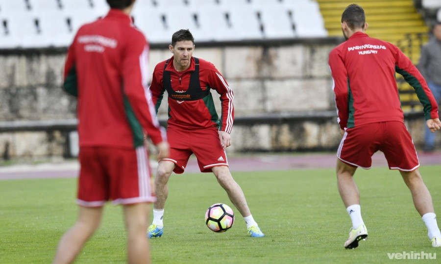 Gera Zoltán (k), a portugálok elleni világbajnoki selejtező labdarúgó-mérkőzésre készülő magyar válogatott játékosa edz a csapattal a lisszaboni régi nemzeti stadionban 2017. március 23-án. A mérkőzés március 25-én lesz. MTI Fotó: Illyés Tibor