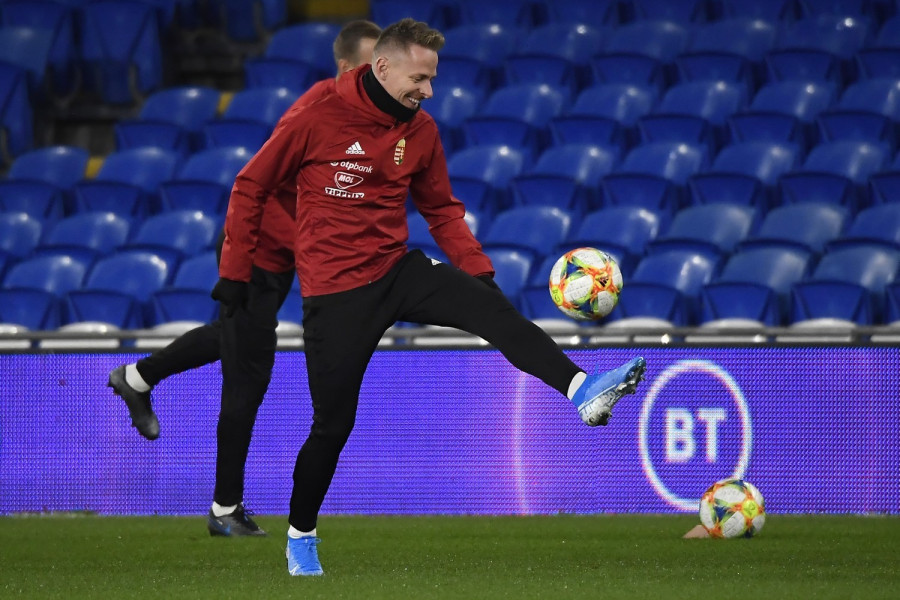 Dzsudzsák Balázs a magyar labdarúgó-válogatott edzésén a november 19-ei Wales-Magyarország Európa-bajnoki selejtezőmérkőzés előtt a cardiffi városi stadionban 2019. november 18-án. MTI/Kovács Tamás