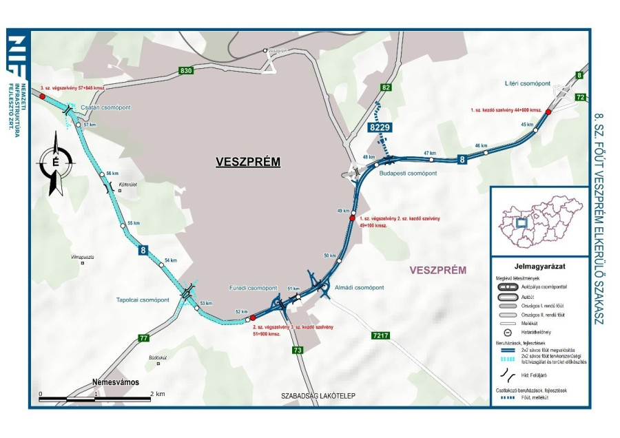 Sötétkék színnel a mostani beruházás teljes szakasza.