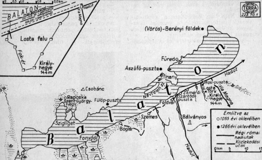 Dr Bendefy László illusztrációja. Losta falu a déli parton, Zamárdi közelében látható. A többi kutató által Lostaként azonosított szigetet Tihany mellett, "Névtelen sz."-ként jelölték (fotó: toretro.blog.hu)