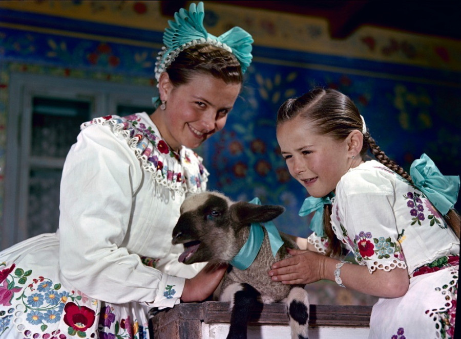 Kalocsai népviseletbe öltözött lányok báránnyal 1956 húsvétján (Fotó: MTI, Járai Rudolf)