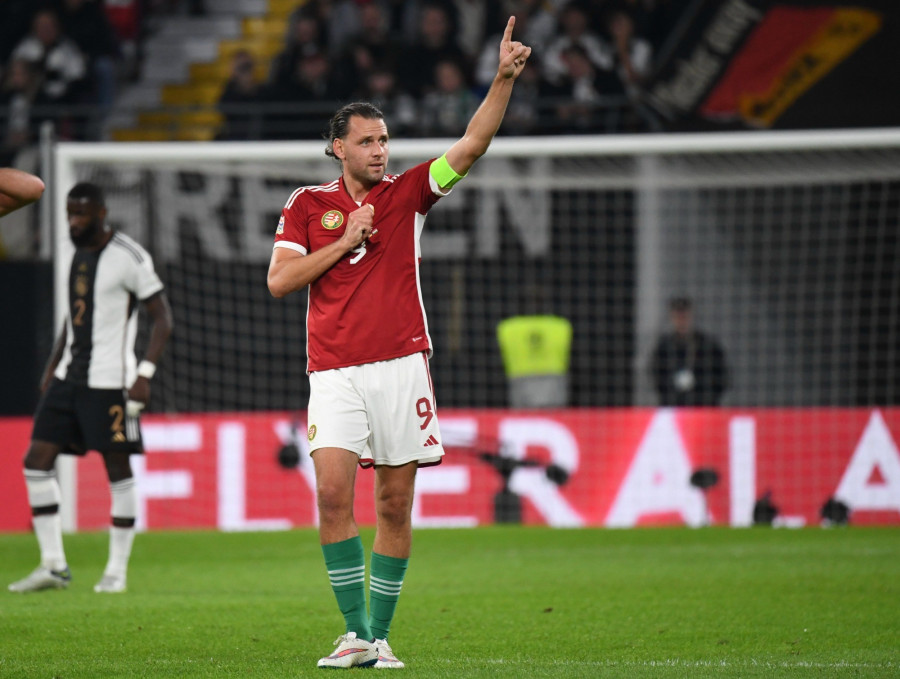 Szalai Ádám a gólja után a labdarúgó Nemzetek Ligája A divíziója 3. csoportjában, a Németország-Magyarország mérkőzésen a lipcsei Red Bull Arenában 2022. szeptember 23-án. MTI/Illyés Tibor