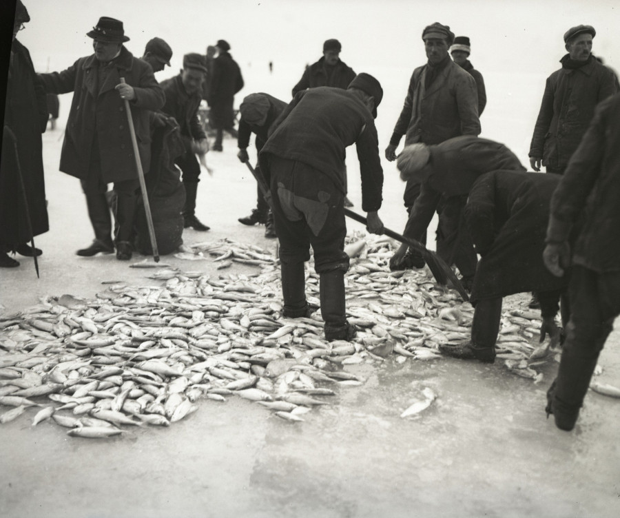 Bemutató halászat a befagyott tavon Mayer János földművelési miniszter tiszteletére 1924-ben. Fotó: Magyar Műszaki és Közlekedési Múzeum / BAHART Archívum / Fortepan