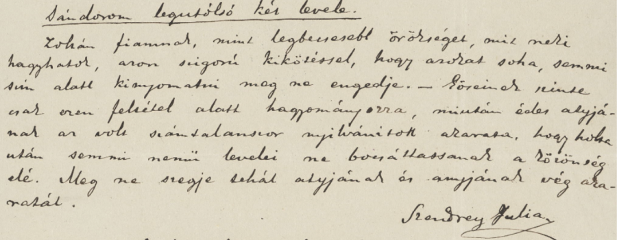 Sándorom legutolsó két levele – Szendrey Júlia arra inti Zoltán fiát, hogy semmi esetre se hozza nyilvánosságra apja levelezéseit