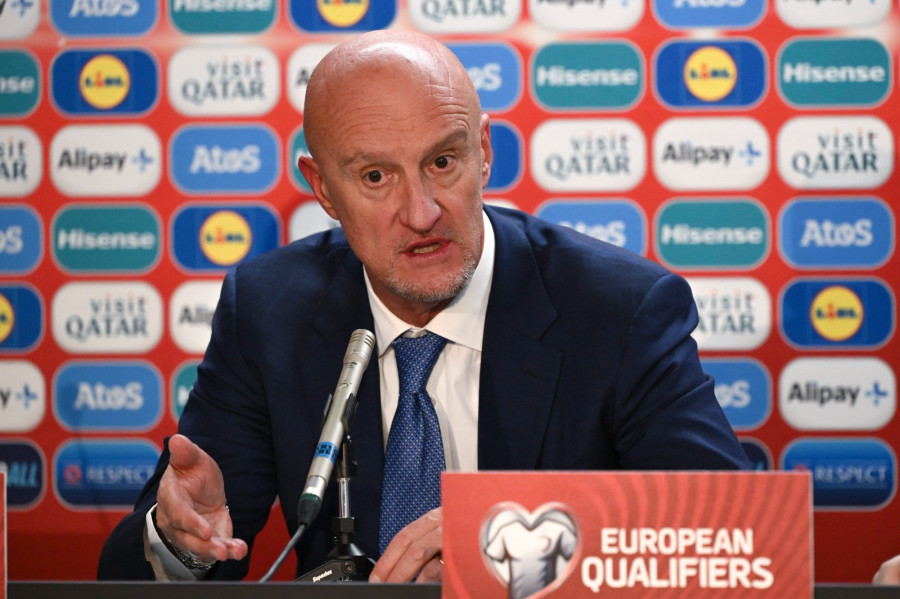 Marco Rossi, a magyar válogatott szövetségi kapitánya nyilatkozik a sajtónak a labdarúgó Európa-bajnoki selejtező G csoportjában játszott Litvánia - Magyarország mérkőzés után a kaunasi Dariaus ir Giréno Stadionban 2023. október 17-én. A találkozó 2-2-es döntetlennel zárult. MTI/Illyés Tibor