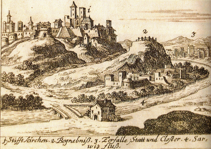 17. századi ábrázolás még a barokk átépítés előtti várról. Azok a falak ma már a föld alatt pihennek