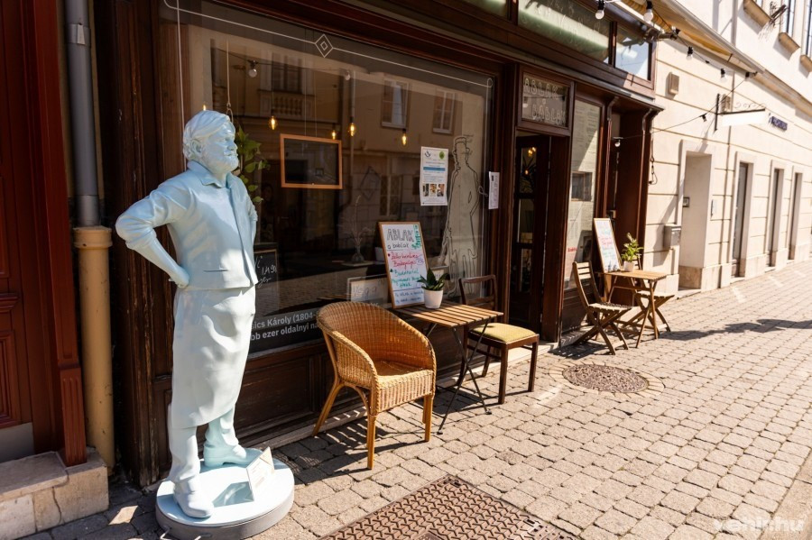 Francsics Károly szobra egykori borbélyműhelye előtt. Az EKF-nek köszönhetően több neves veszprémi is kapott élethű szobrot egykori háza előtt.