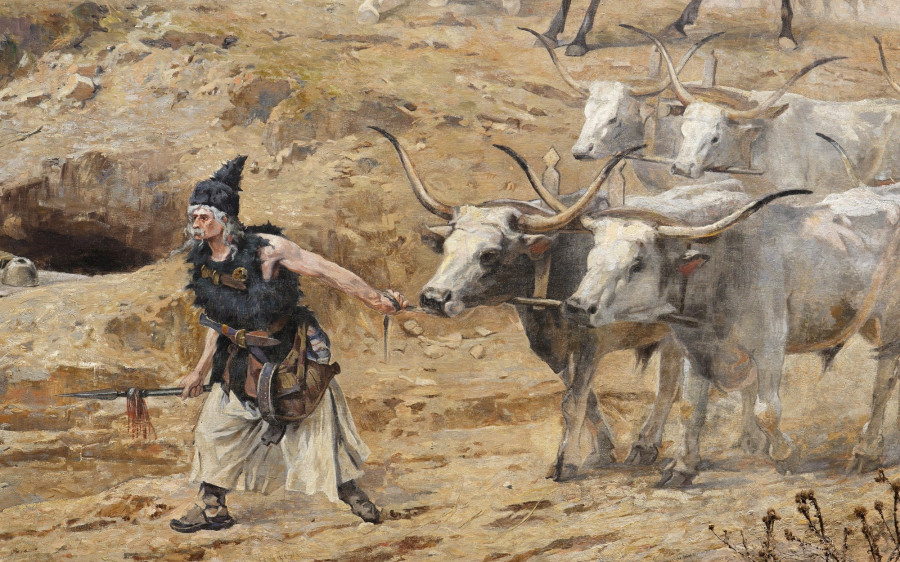 Szürke marhákat hajtó gulyás a Feszty-körképen