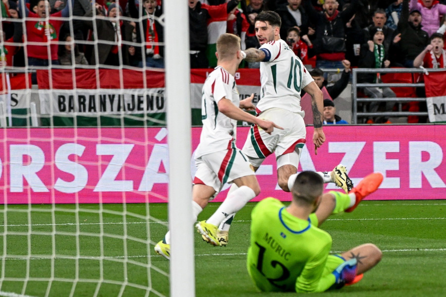 Szoboszlai Dominik (j) gólöröme a Magyarország - Koszovó barátságos labdarúgó-mérkőzésen a Puskás Arénában 2024. március 26-án. MTI/Illyés Tibor