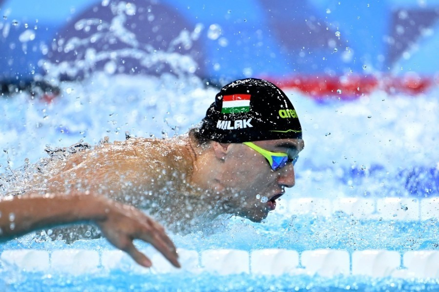 A későbbi győztes Milák Kristóf a férfi 100 méteres pillangóúszás döntőjében a 2024-es párizsi nyári olimpián a Párizs melletti Nanterre-ben lévő Paris La Défense Arénában 2024. augusztus 3-án. MTI/Kovács Tamás
