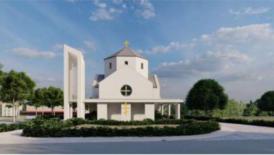 A görög katolikus templom látványterve a Jutasi út irányából (Ázsió 2000 Kft.)