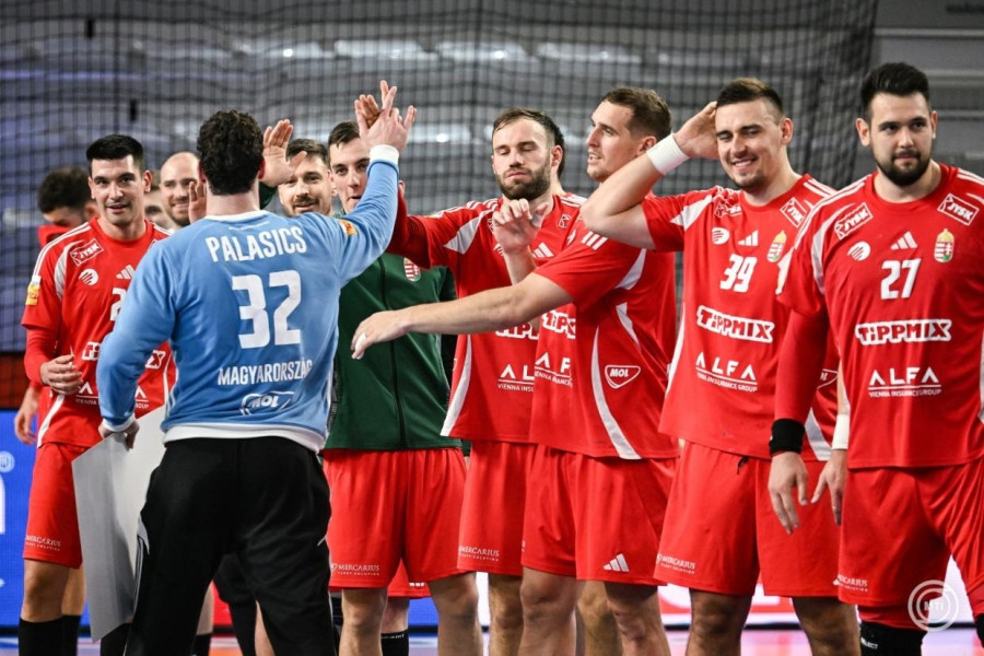 A győztes magyar válogatott a férfi kézilabda-világbajnokság középdöntőjében, a II. csoport második fordulójában játszott Magyarország–Ausztria mérkőzés után Varasdon, a Varazdin Arenában 2025. január 23-án. Magyarország 29-26-ra győzött. MTI/Illyés Tibor