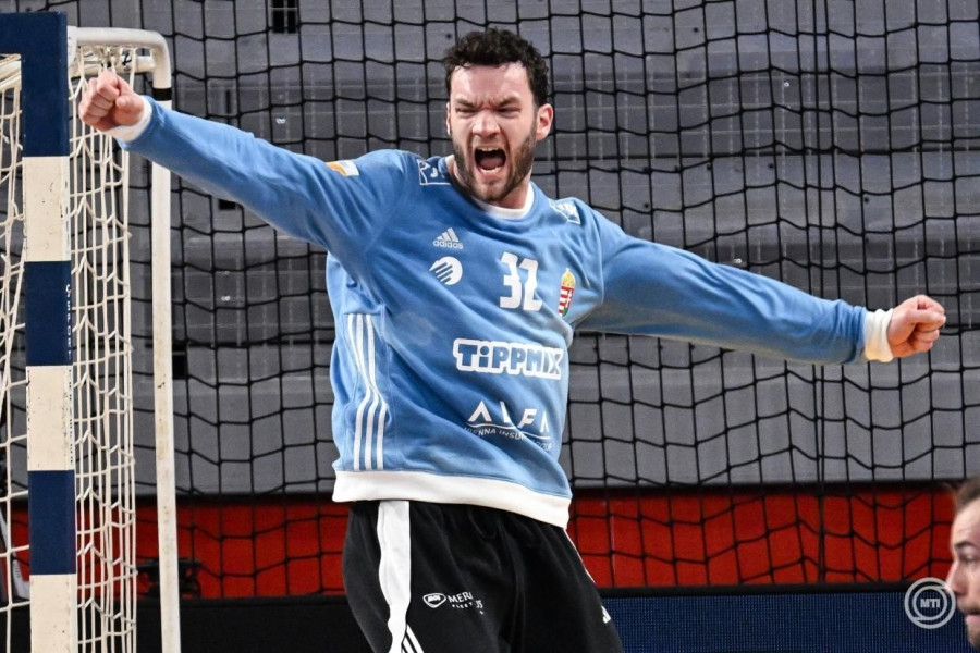 Palasics Kristóf kapus a férfi kézilabda-világbajnokság középdöntőjében, a II. csoport második fordulójában játszott Magyarország-Ausztria mérkőzésen Varasdon, a Varazdin Arenában 2025. január 23-án. MTI/Illyés Tibor