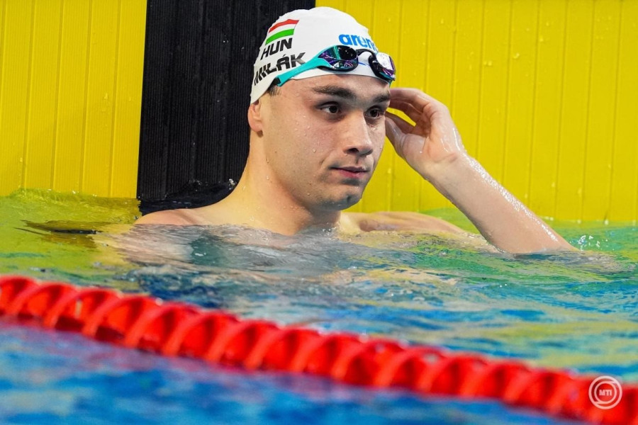 Milák Kristóf a férfi 100 méteres gyorsúszás döntője után az úszók 127. országos bajnokságán a kaposvári Csik Ferenc Versenyuszodában 2025. április 9-én. MTI/Derencsényi István