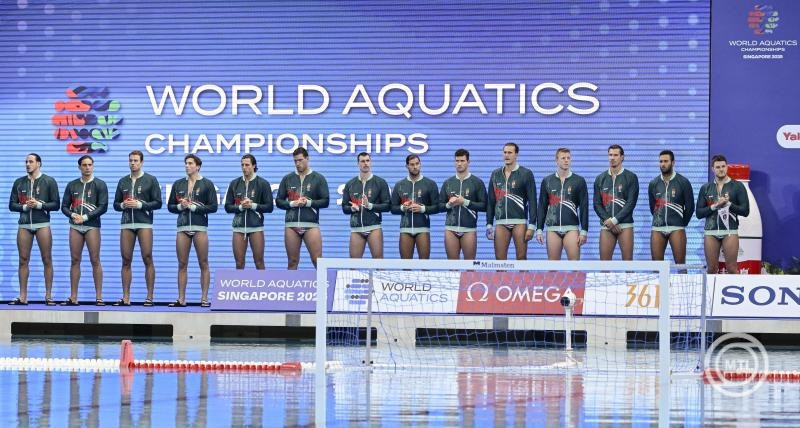 A magyar válogatott a férfi vízilabdatorna negyeddöntőjében játszott Horvátország - Magyarország mérkőzés előtt a szingapúri vizes világbajnokságon az OCBC Aquatic Centre-ben 2025. július 20-án. MTI/Koszticsák Szilárd