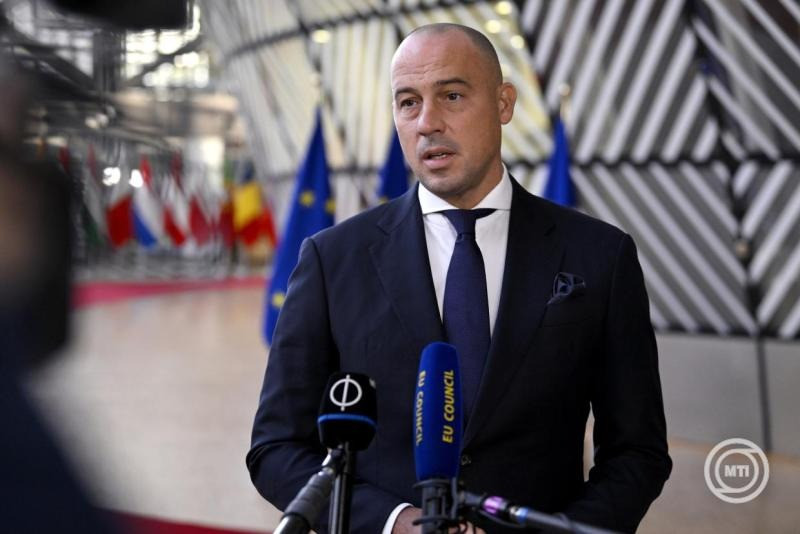 Schmidt Ádám sportért felelős államtitkár nyilatkozik a sajtónak az oktatási, ifjúsági, kulturális és sportügyi EU-tanács ülése előtt Brüsszelben 2024. november 26-án. MTI/Purger Tamás