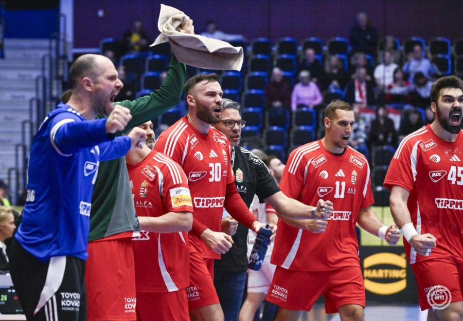 A magyar kispad gólöröme a dán-norvég-svéd közös rendezésű férfi kézilabda-Európa-bajnokság F csoportjának első fordulójában játszott Magyarország - Lengyelország mérkőzésen a svédországi Kristianstad Arénában 2026. január 16-án. Magyarország-Lengyelország 29-21. MTI/Hegedüs Róbert