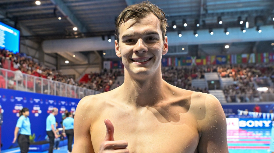 Kós Hubert a férfi 200 méteres vegyesúszás középdöntõje után a szingapúri vizes világbajnokságon a World Aquatics Arénában 2025. július 30-án.MTI/Illyés Tibor