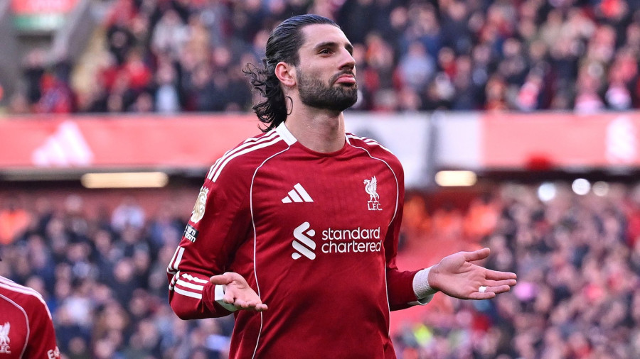 Szoboszlai Dominik gólöröme a Tottenham Hotspur ellen lőtt szabadrúgásgólja után. Fotó: Liverpool FC/Getty Images