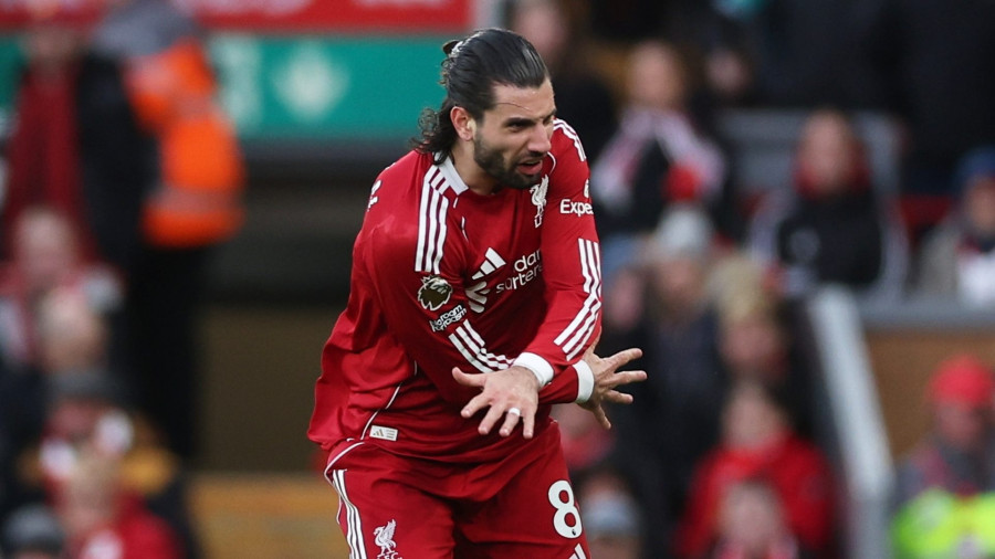 Szoboszlai Dominik, a Liverpool játékosa a Liverpool–Tottenham Hotspur angol Premier League-mérkőzésen Liverpoolban, 2026. március 15-én. Fotó: EPA/Adam Vaughan